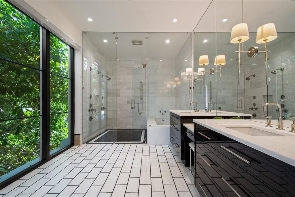 Bathroom, Dual Sink Vanities, Glass Shower, Interior, Pendant Lights, Recessed Lighting
