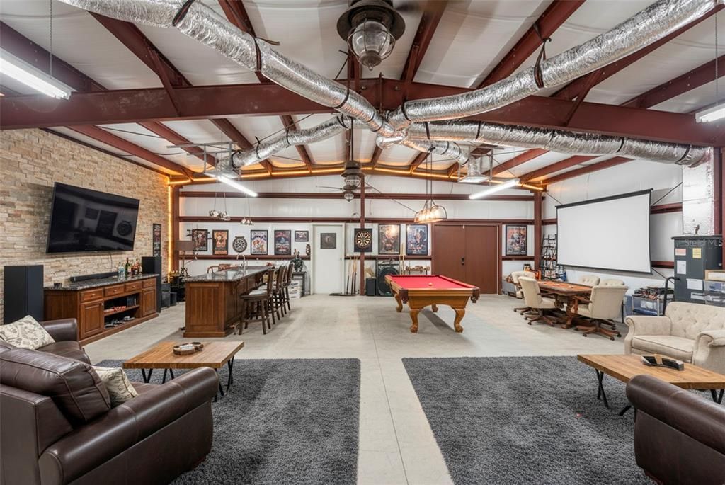 Billiard Table, Game Room, Interior, Pendant Lights, Projection Screen, Stone Walls