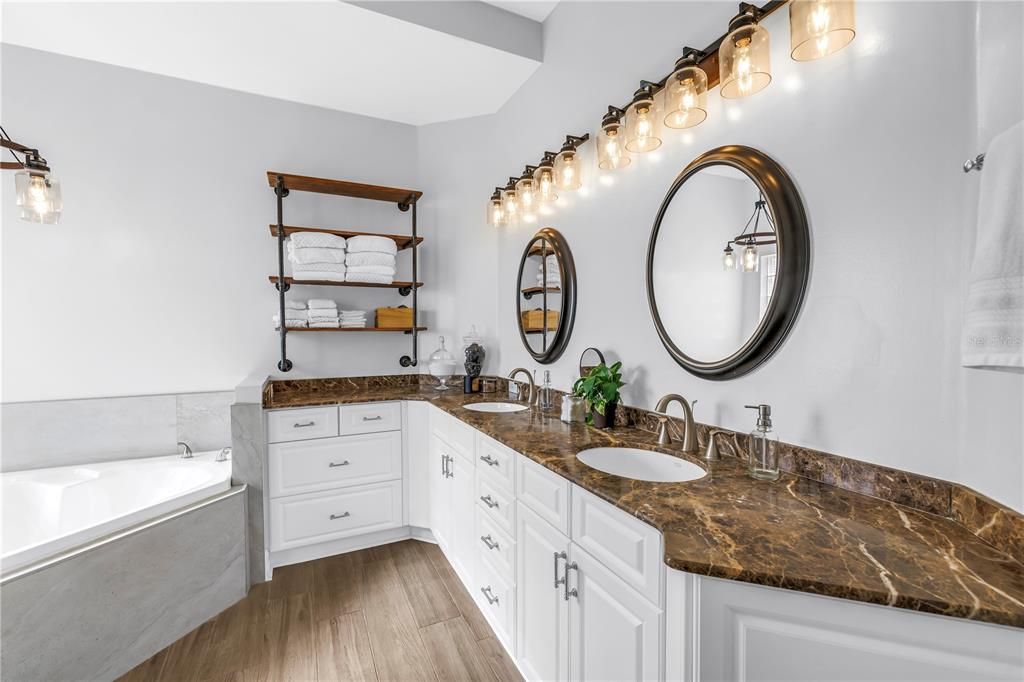 Bathroom, Dual Sink Vanities, Interior, Wood Texture Flooring
