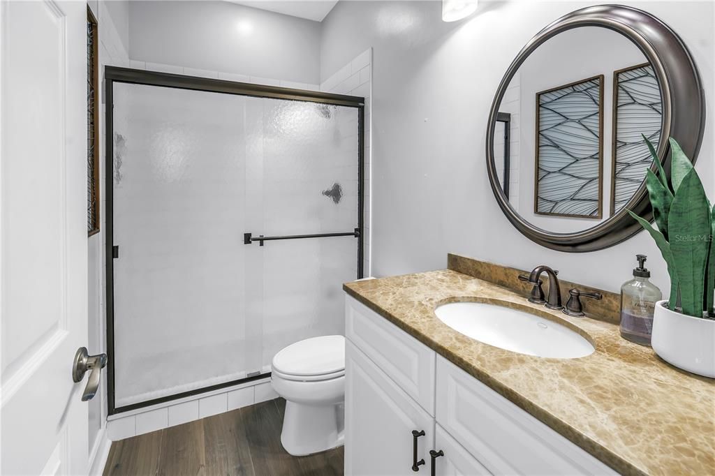 Bathroom, Glass Shower, Interior, Wood Texture Flooring