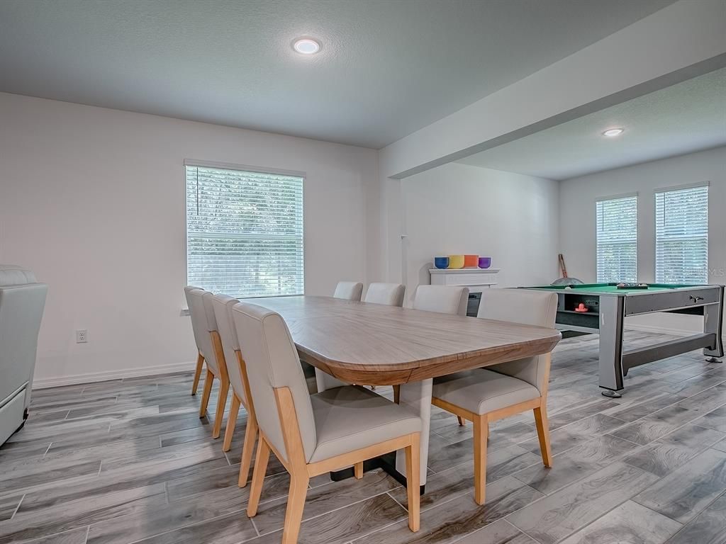 Billiard Table, Dining room, Game Room, Interior, Recessed Lighting, Wood Texture Flooring