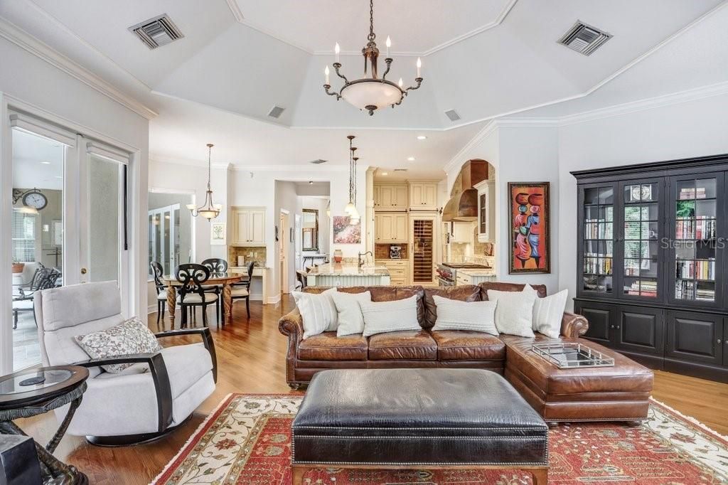 Chandelier, Dining room, Interior, Kitchen, Living room, Pendant Lights, Recessed Lighting, Wood Texture Flooring