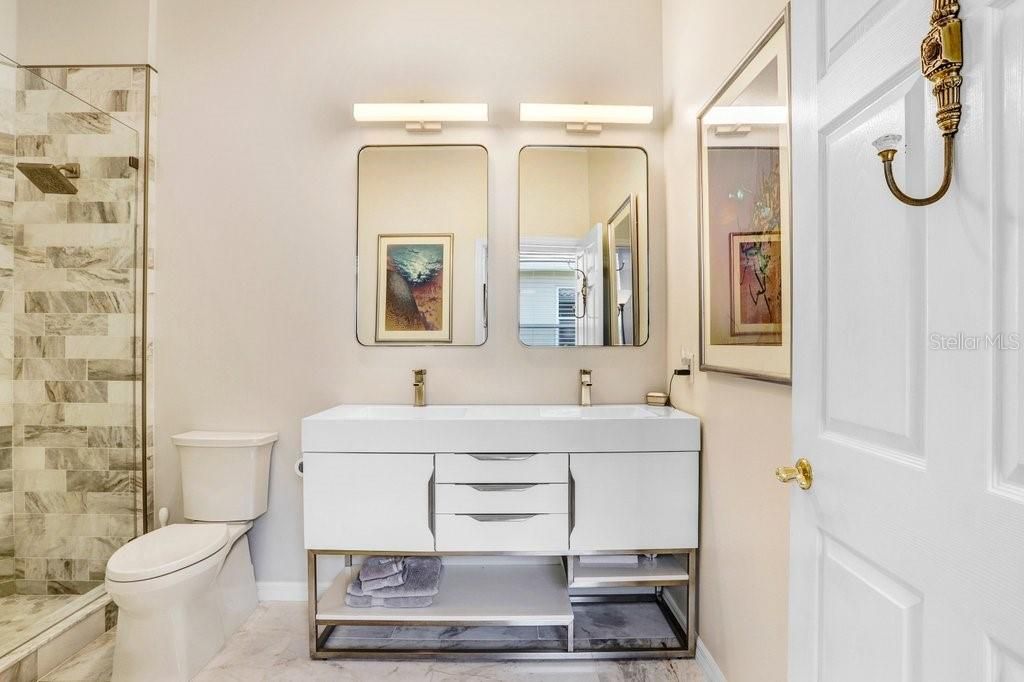 Bathroom, Dual Sink Vanities, Glass Shower, Interior, Marble