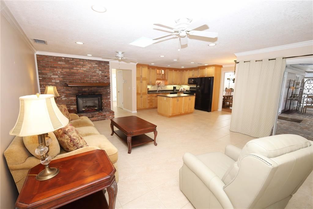 Fireplace, Interior, Kitchen, Living room, Recessed Lighting, Stone Walls