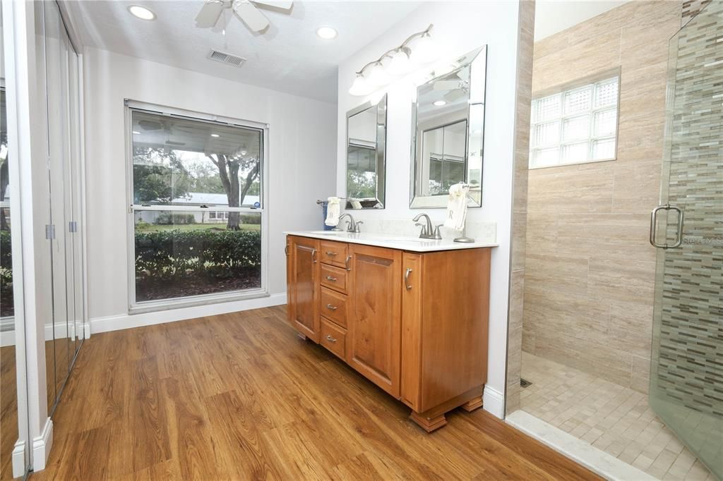 Bathroom, Glass Shower, Interior, Recessed Lighting, Wood Texture Flooring