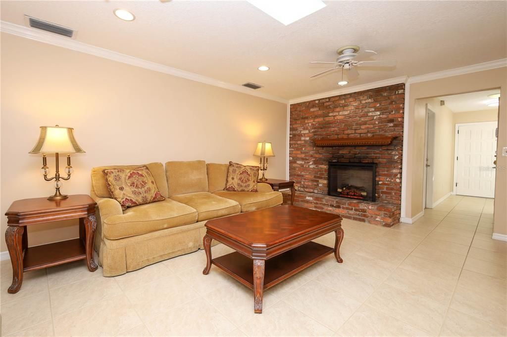 Fireplace, Interior, Living room, Recessed Lighting, Stone Walls