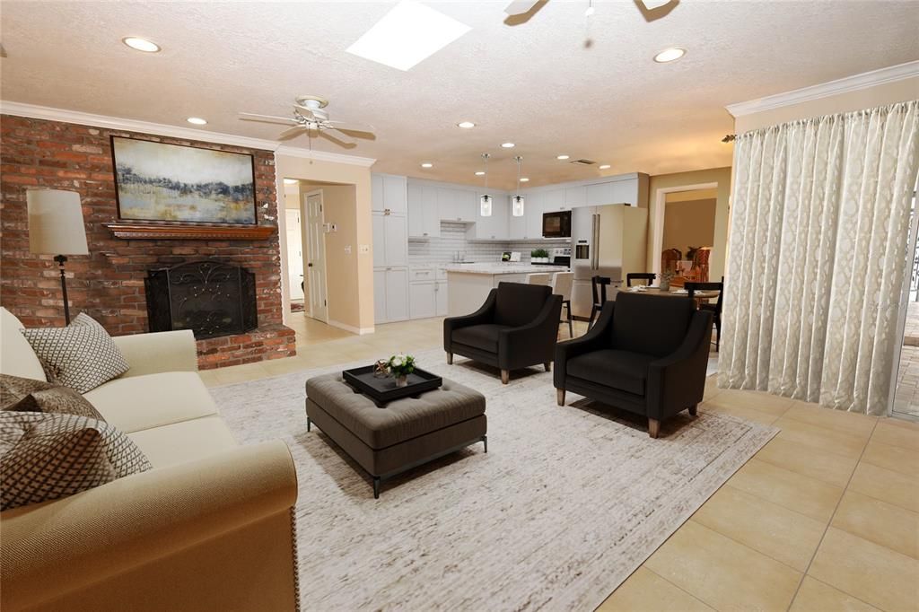 Dining room, Fireplace, Interior, Kitchen, Living room, Pendant Lights, Recessed Lighting, Stone Walls