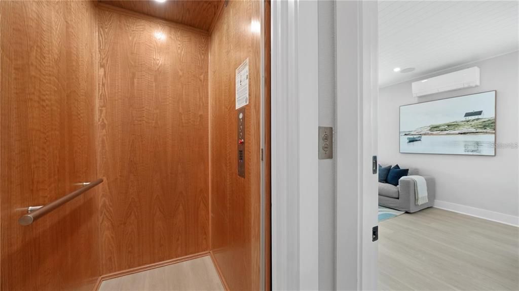 Elevator, Interior, Recessed Lighting, Wood Texture Flooring, Wooden Walls