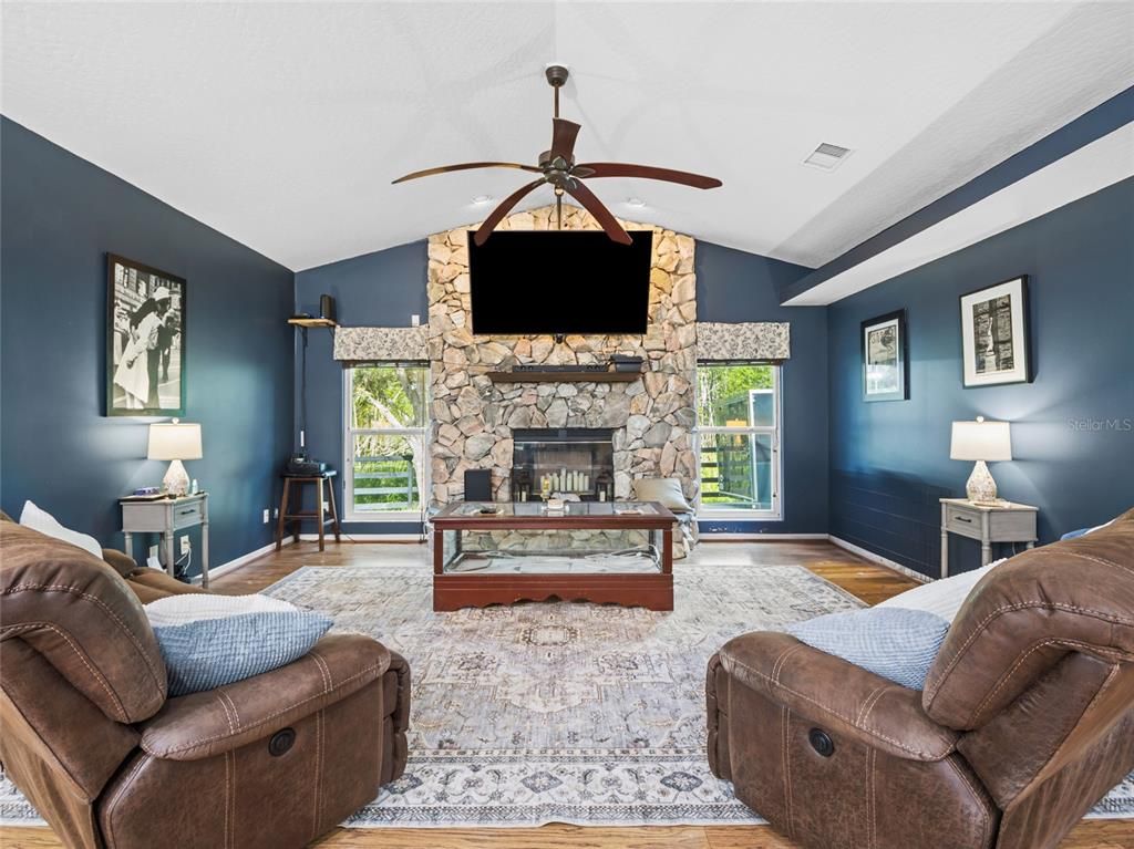 Fireplace, Interior, Living room, Stone Walls, Wood Texture Flooring