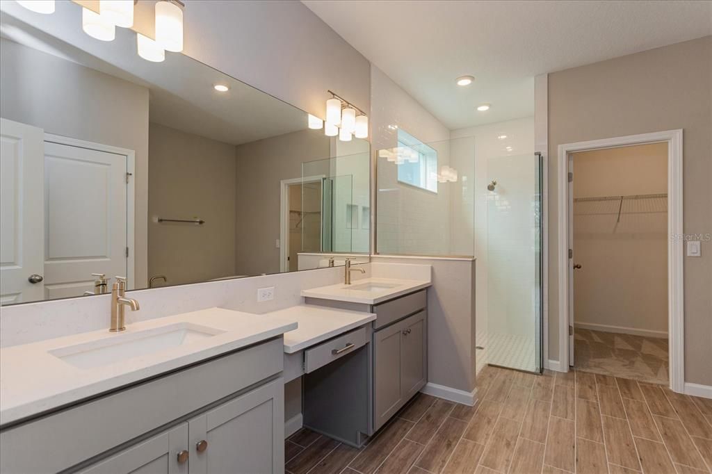 Bathroom, Dual Sink Vanities, Glass Shower, Interior, Recessed Lighting, Wood Texture Flooring