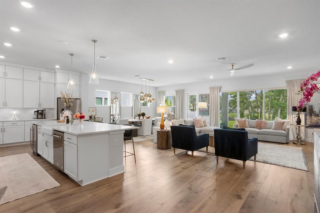 Dining room, Interior, Kitchen, Living room, Pendant Lights, Recessed Lighting, Wood Texture Flooring
