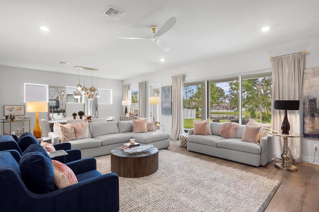 Dining room, Interior, Living room, Pendant Lights, Recessed Lighting, Wood Texture Flooring
