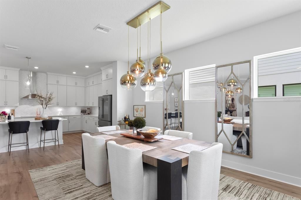 Dining room, Interior, Kitchen, Pendant Lights, Recessed Lighting, Wood Texture Flooring