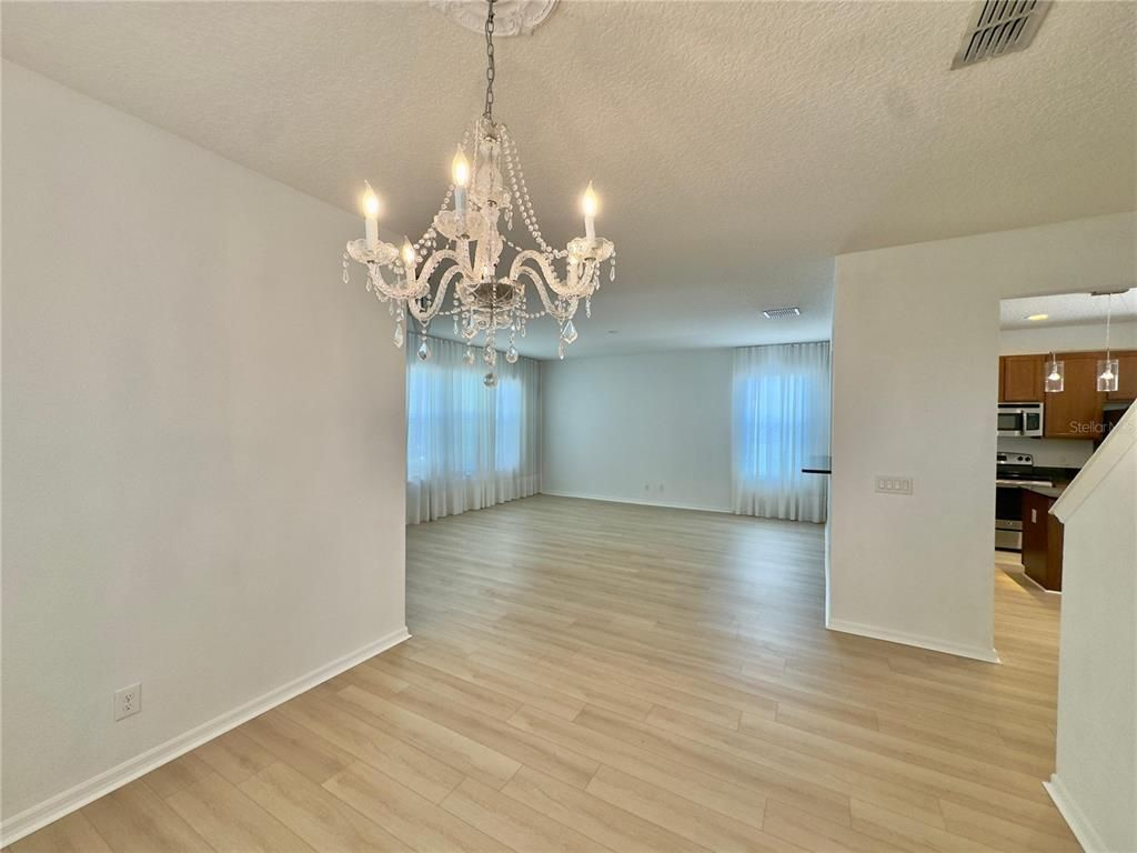 Chandelier, Empty room, Interior, Kitchen, Wood Texture Flooring