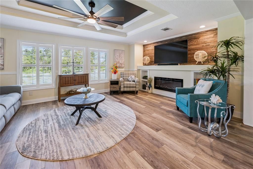 Fireplace, Interior, Living room, Recessed Lighting, Wood Texture Flooring