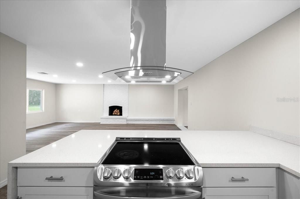 Fireplace, Interior, Kitchen, Recessed Lighting, Stainless Steel Appliances