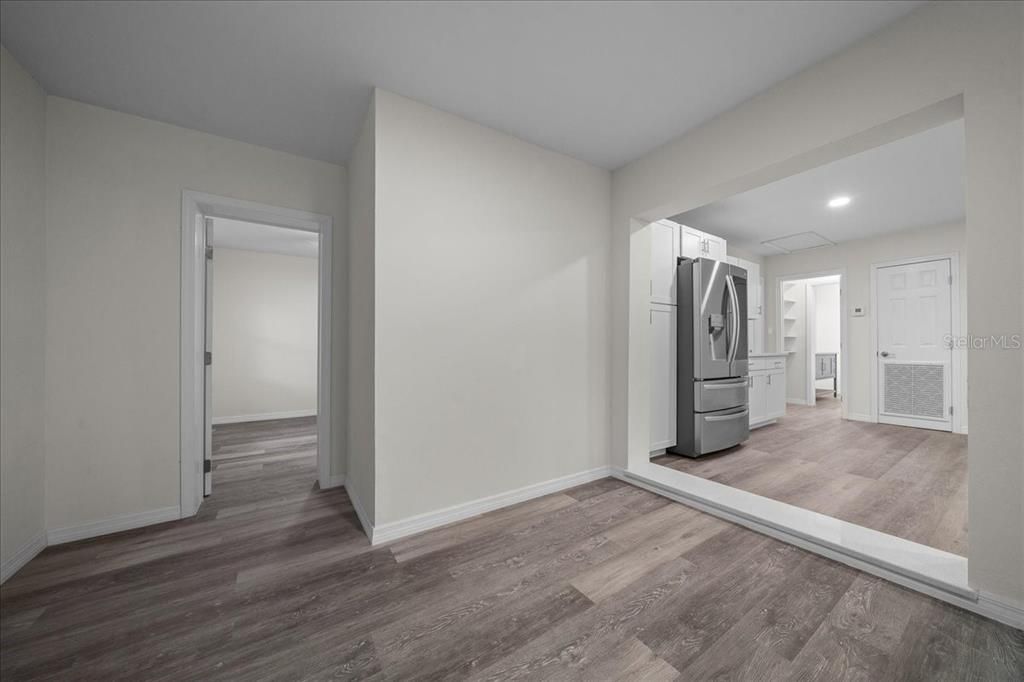 Empty room, Interior, Kitchen, Recessed Lighting, Wood Texture Flooring