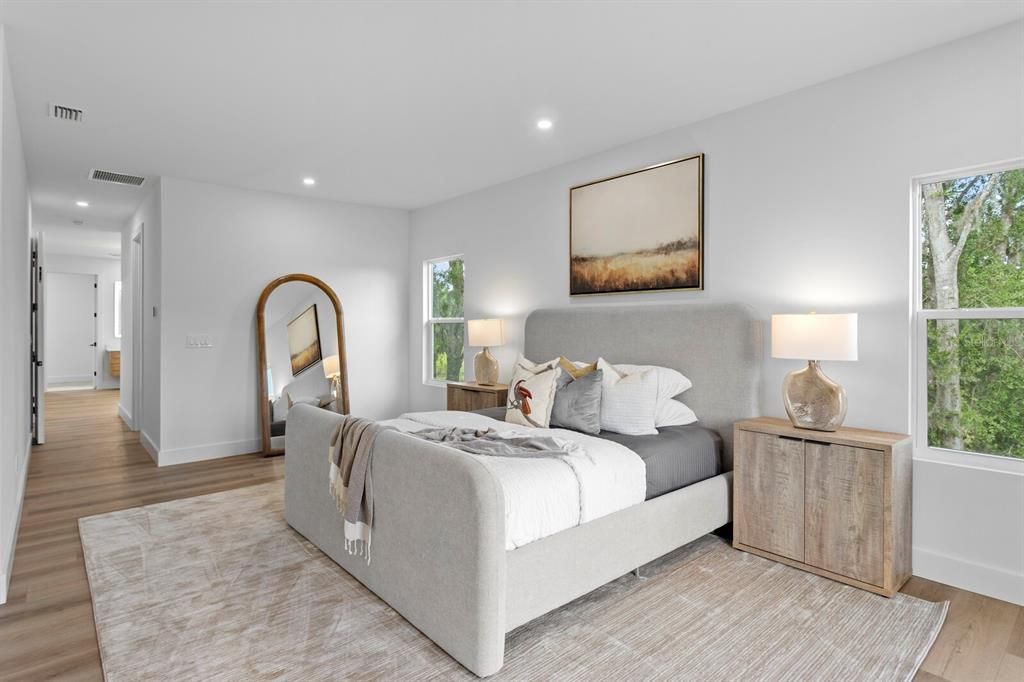 Bedroom, Interior, Recessed Lighting, Wood Texture Flooring