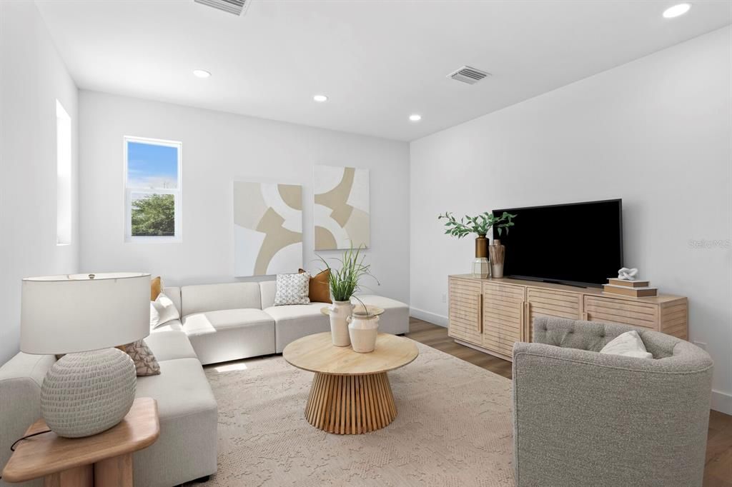 Interior, Living room, Recessed Lighting, Wood Texture Flooring