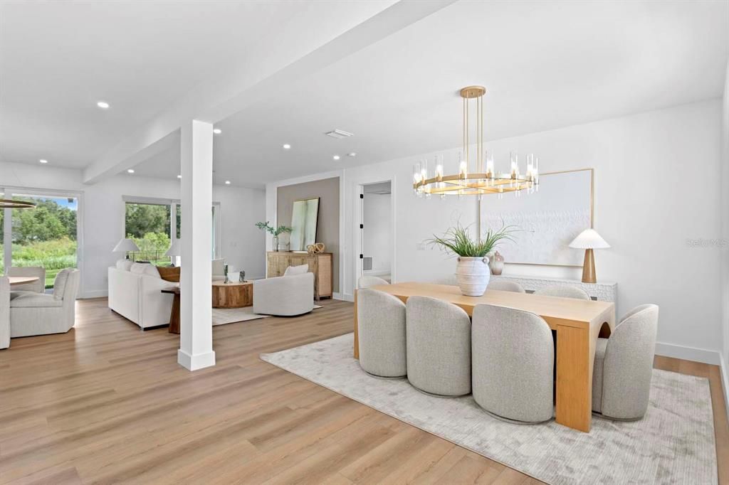 Dining room, Interior, Living room, Pendant Lights, Recessed Lighting, Wood Texture Flooring