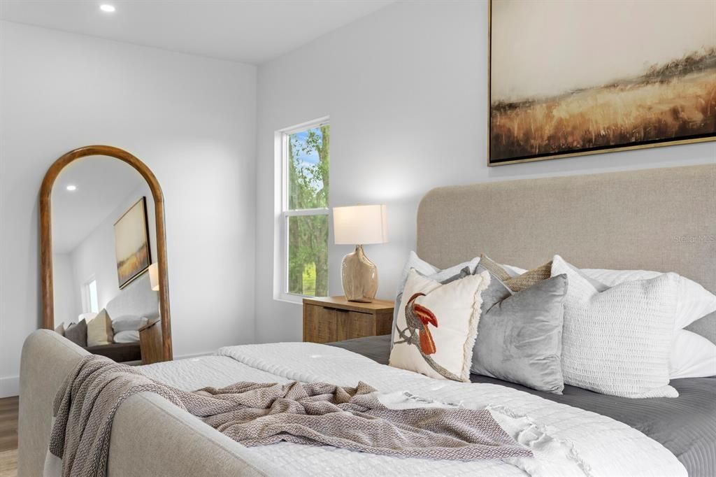 Bedroom, Interior, Recessed Lighting, Wood Texture Flooring