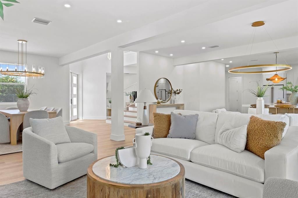 Dining room, Interior, Living room, Pendant Lights, Recessed Lighting, Wood Texture Flooring