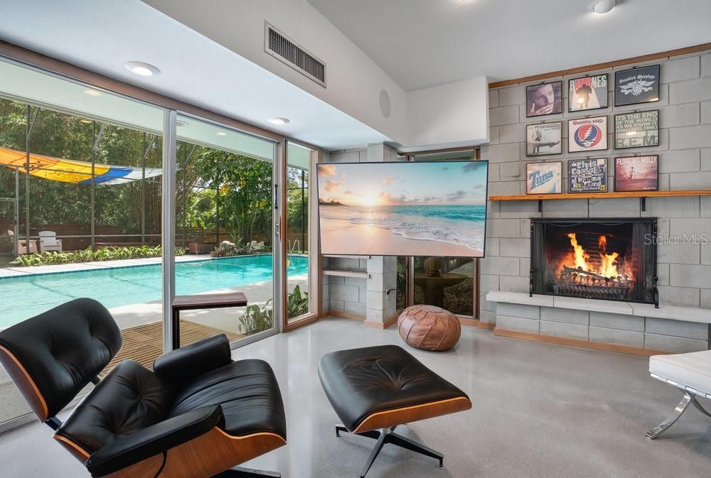 Fireplace, Interior, Pool, Recessed Lighting, Stone Walls
