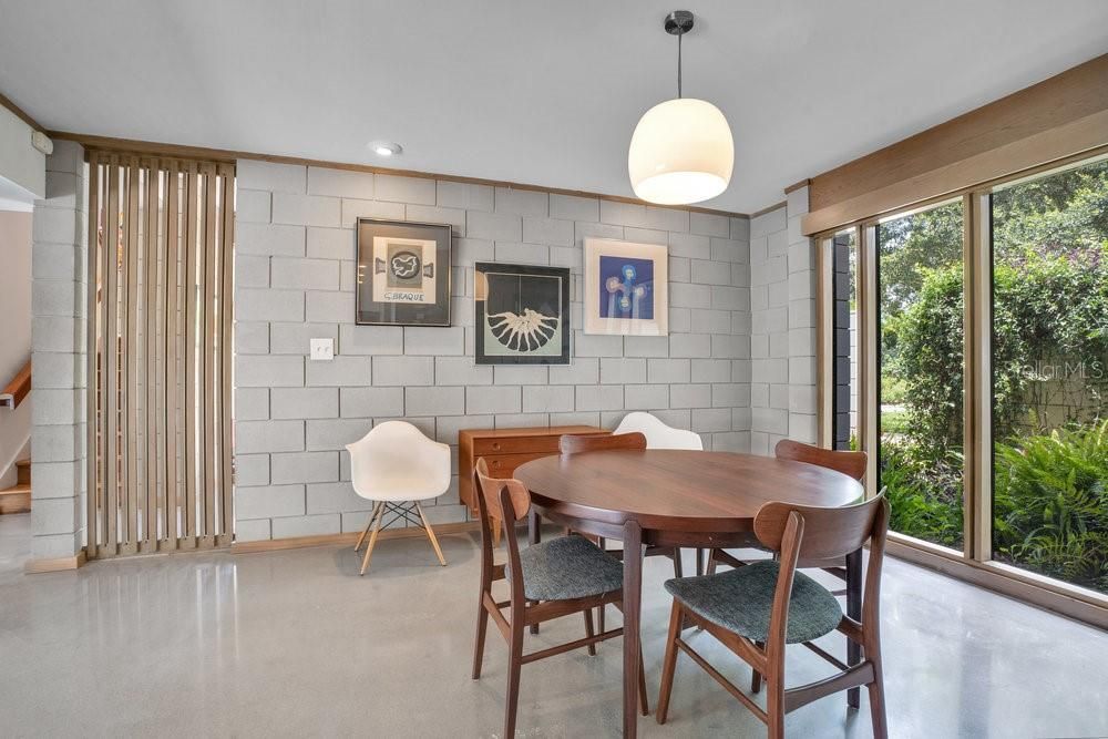 Dining room, Interior, Pendant Lights, Recessed Lighting, Stone Walls