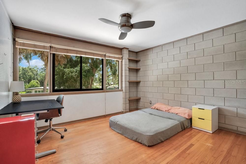 Bedroom, Home Office, Interior, Stone Walls, Wood Texture Flooring