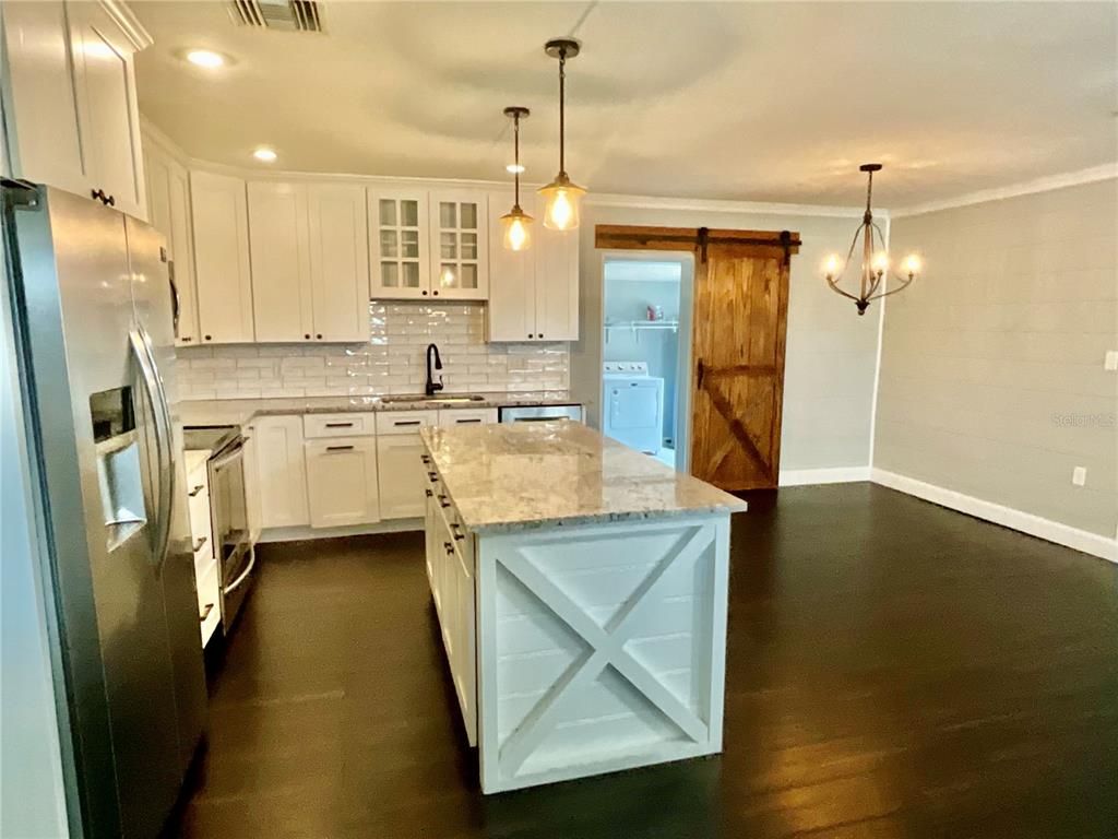 Chandelier, Interior, Kitchen, Pendant Lights, Recessed Lighting, Wood Texture Flooring