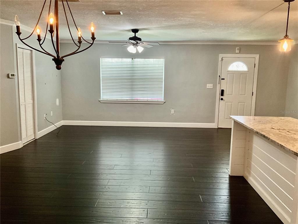 Chandelier, Empty room, Interior, Pendant Lights, Wood Texture Flooring