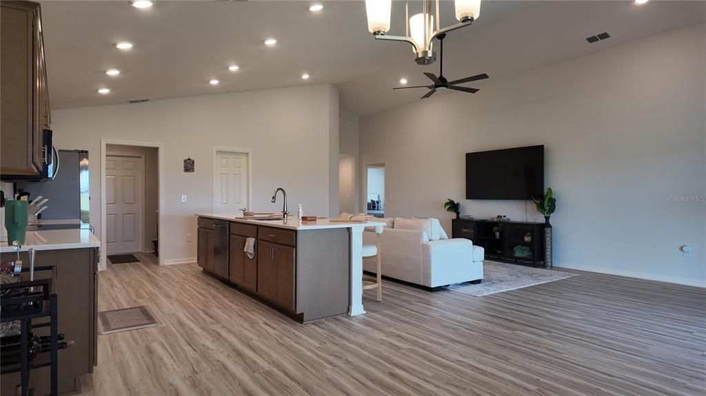 Interior, Kitchen, Living room, Recessed Lighting, Wood Texture Flooring