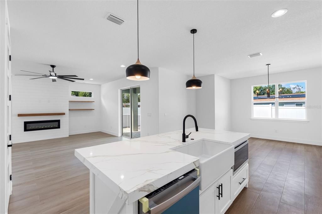 Fireplace, Interior, Kitchen, Pendant Lights, Recessed Lighting, Wood Texture Flooring