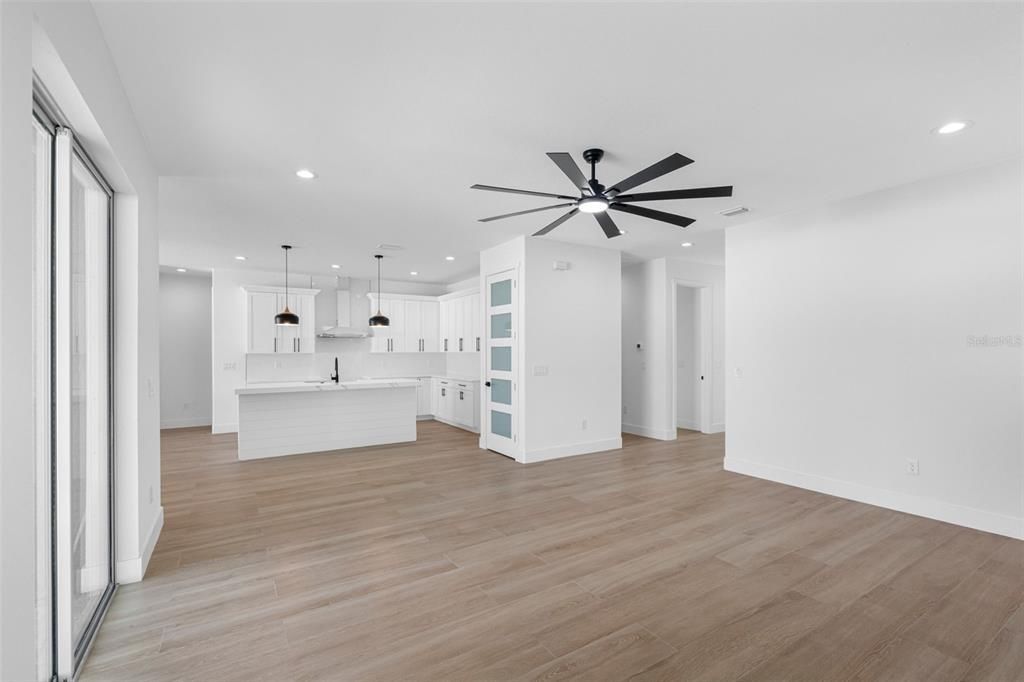 Empty room, Interior, Kitchen, Pendant Lights, Recessed Lighting, Wood Texture Flooring