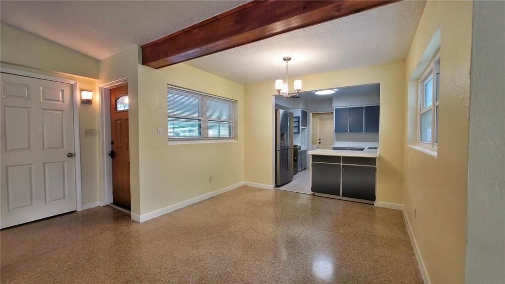 Chandelier, Empty room, Interior, Kitchen, Pendant Lights, Wooden Beams