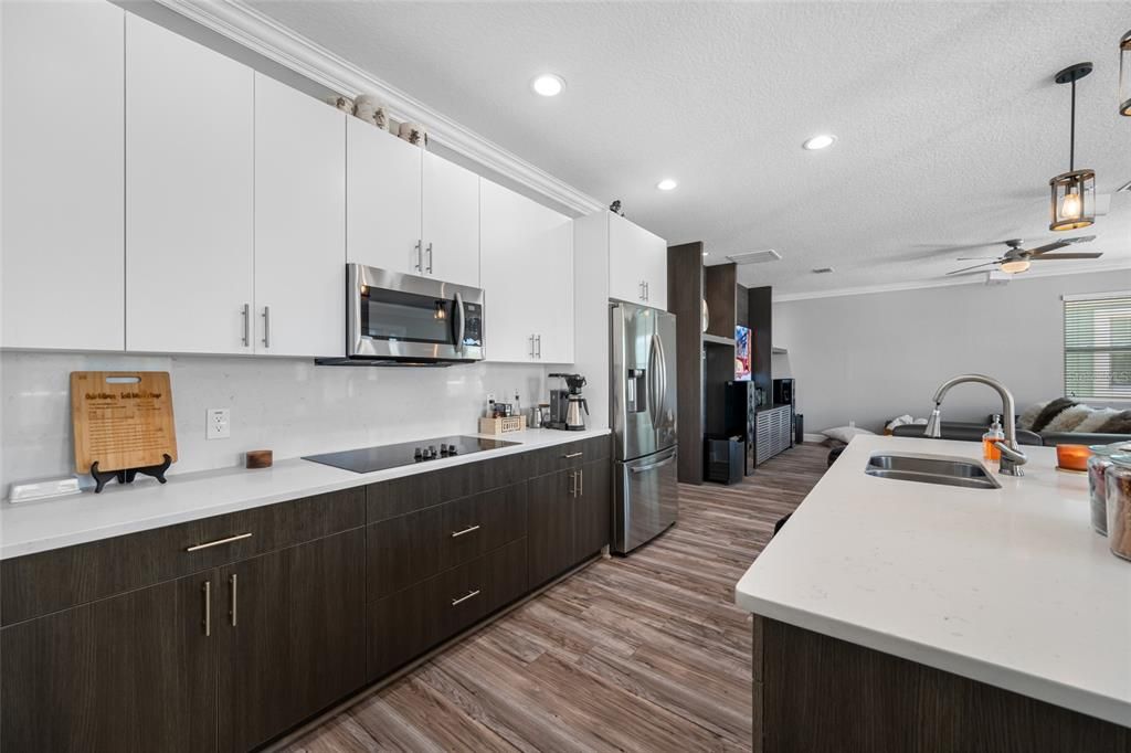 Interior, Kitchen, Pendant Lights, Recessed Lighting, Stainless Steel Appliances, Wood Texture Flooring