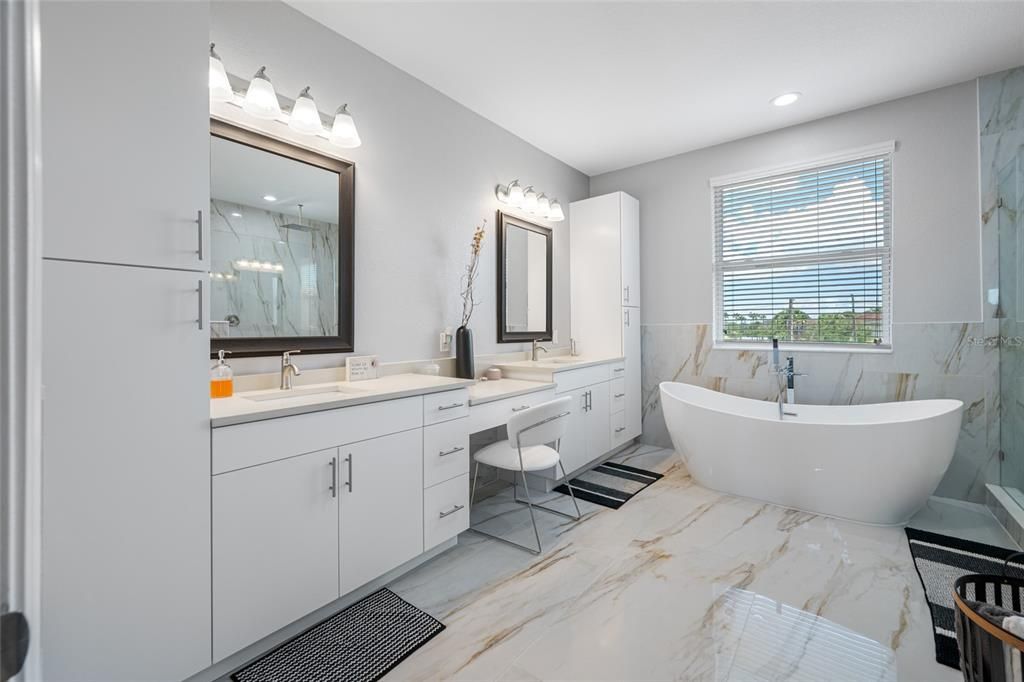 Bathroom, Dual Sink Vanities, Free Standing Baths, Interior, Marble, Marble Walls, Recessed Lighting