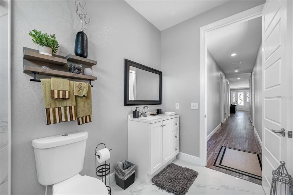 Bathroom, Interior, Marble, Recessed Lighting, Wood Texture Flooring