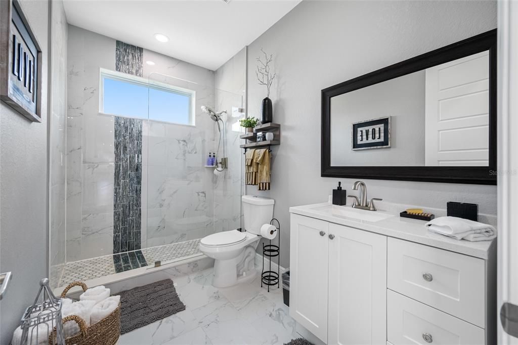 Bathroom, Glass Shower, Interior, Marble, Marble Walls, Recessed Lighting