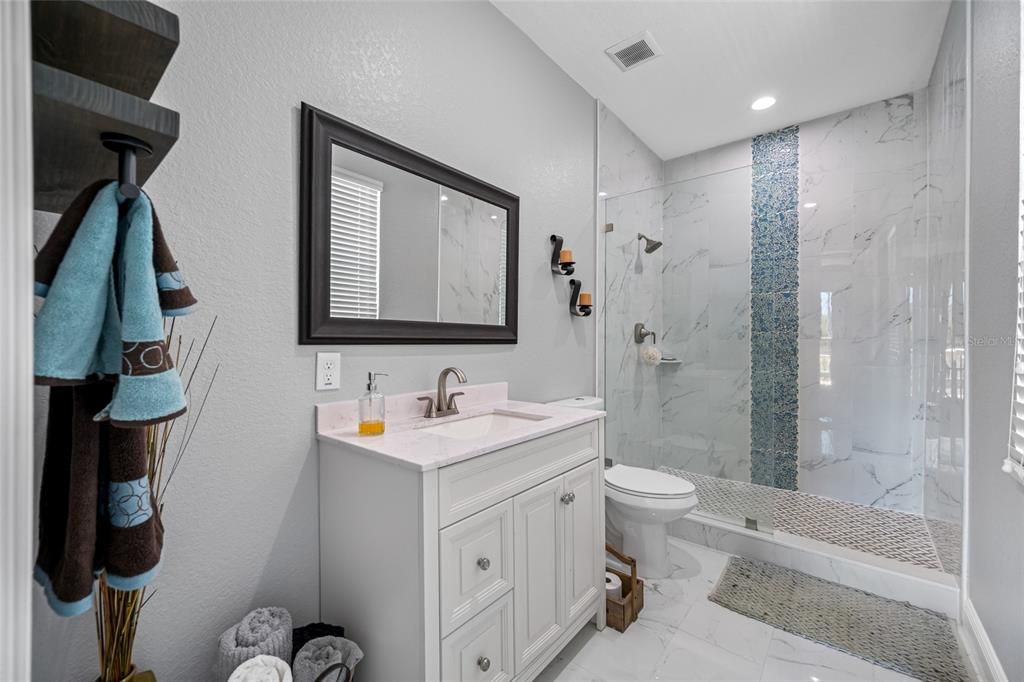 Bathroom, Glass Shower, Interior, Marble, Marble Walls, Recessed Lighting