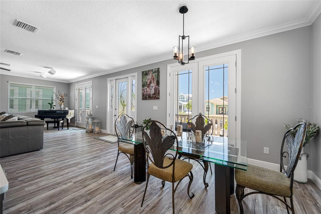 Dining room, Interior, Living room, Pendant Lights, Piano, Wood Texture Flooring