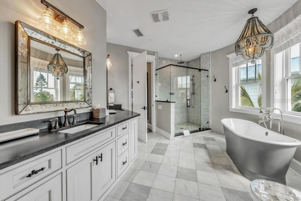 Bathroom, Chandelier, Dual Sink Vanities, Free Standing Baths, Glass Shower, Interior, Recessed Lighting