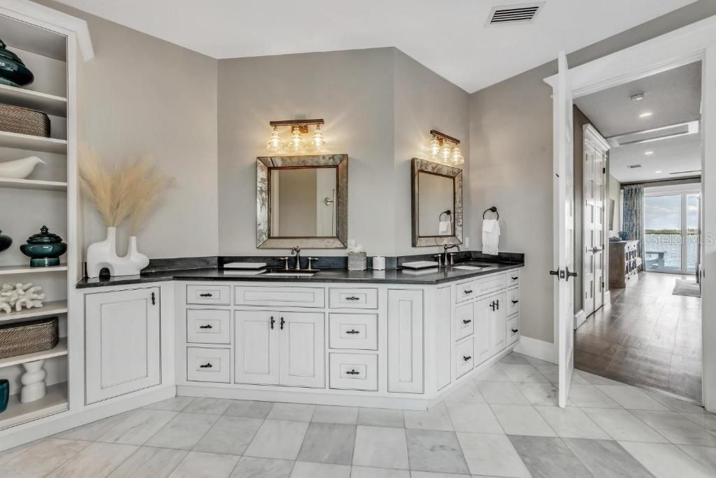Bathroom, Dual Sink Vanities, Interior, Marble, Recessed Lighting, Water, Wood Texture Flooring