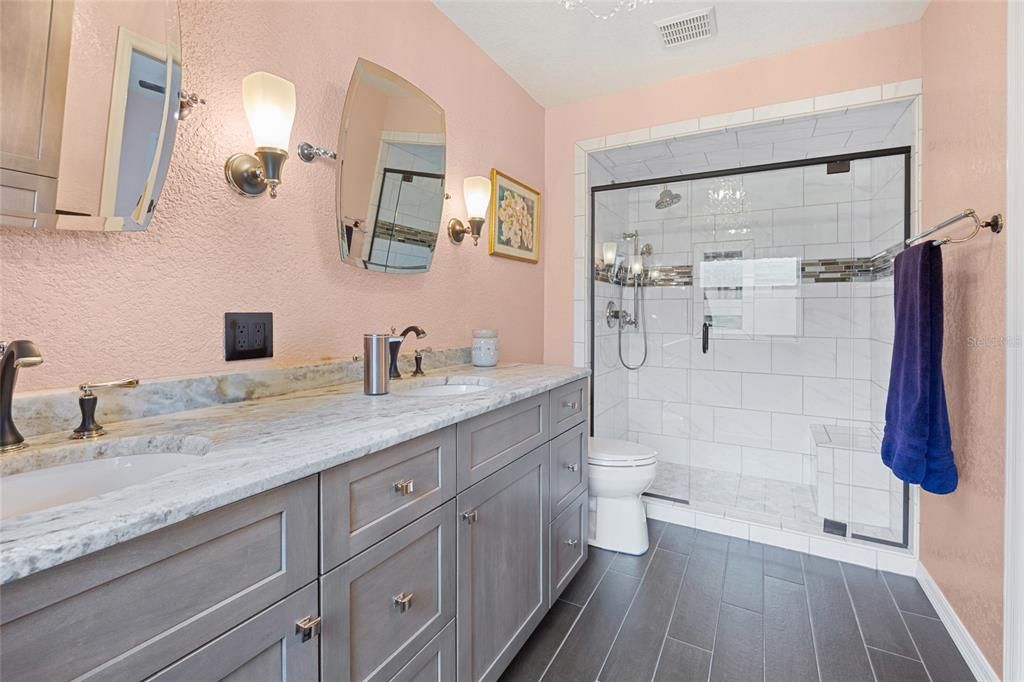Bathroom, Dual Sink Vanities, Glass Shower, Interior, Wood Texture Flooring