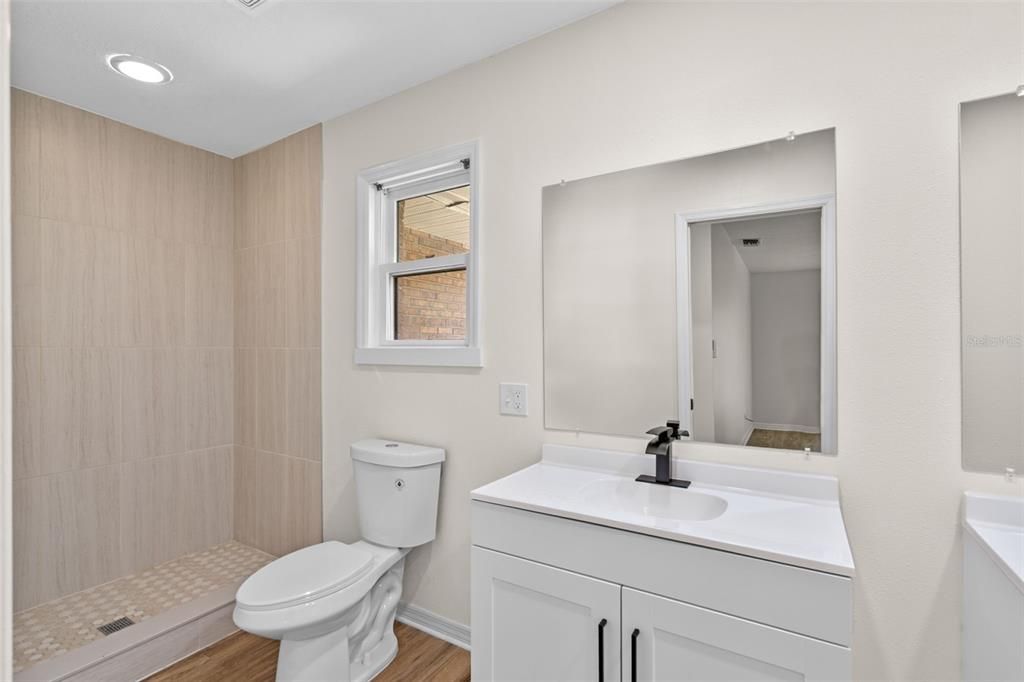 Bathroom, Interior, Recessed Lighting, Wood Texture Flooring