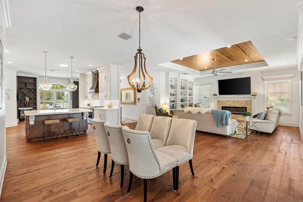 Fireplace, Interior, Kitchen, Living room, Pendant Lights, Recessed Lighting, Wooden Ceilings, Wood Texture Flooring