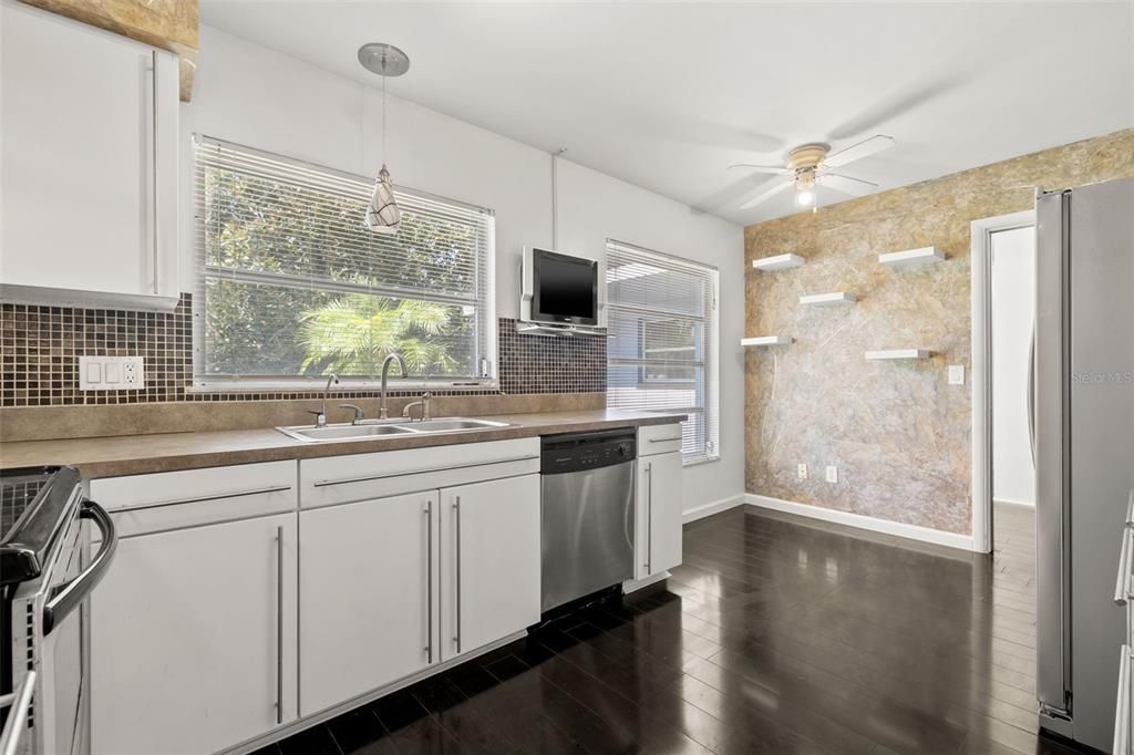Interior, Kitchen, Pendant Lights, Stainless Steel Appliances, Wood Texture Flooring