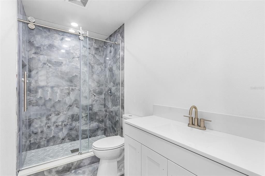 Bathroom, Glass Shower, Interior, Marble Walls, Recessed Lighting
