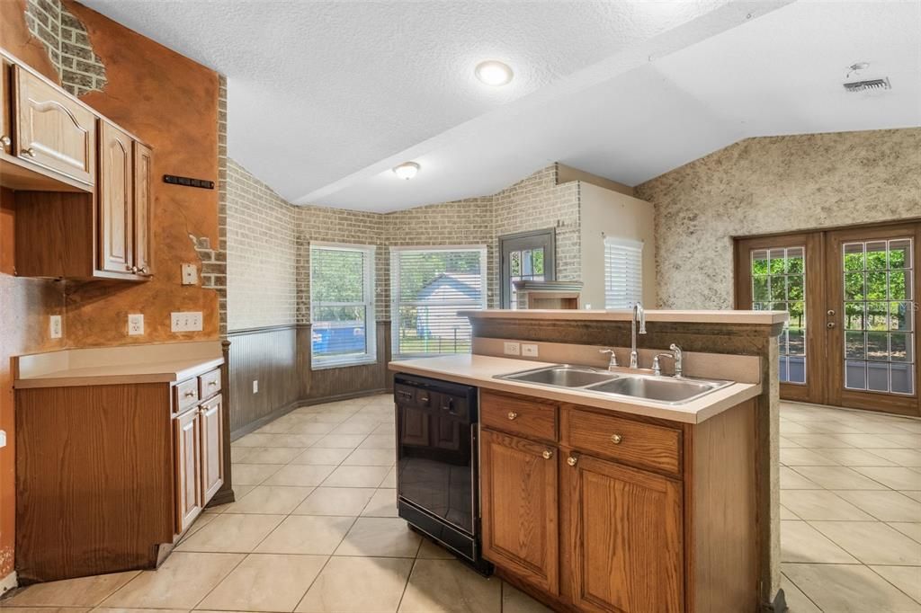 Interior, Kitchen, Recessed Lighting, Stone Walls