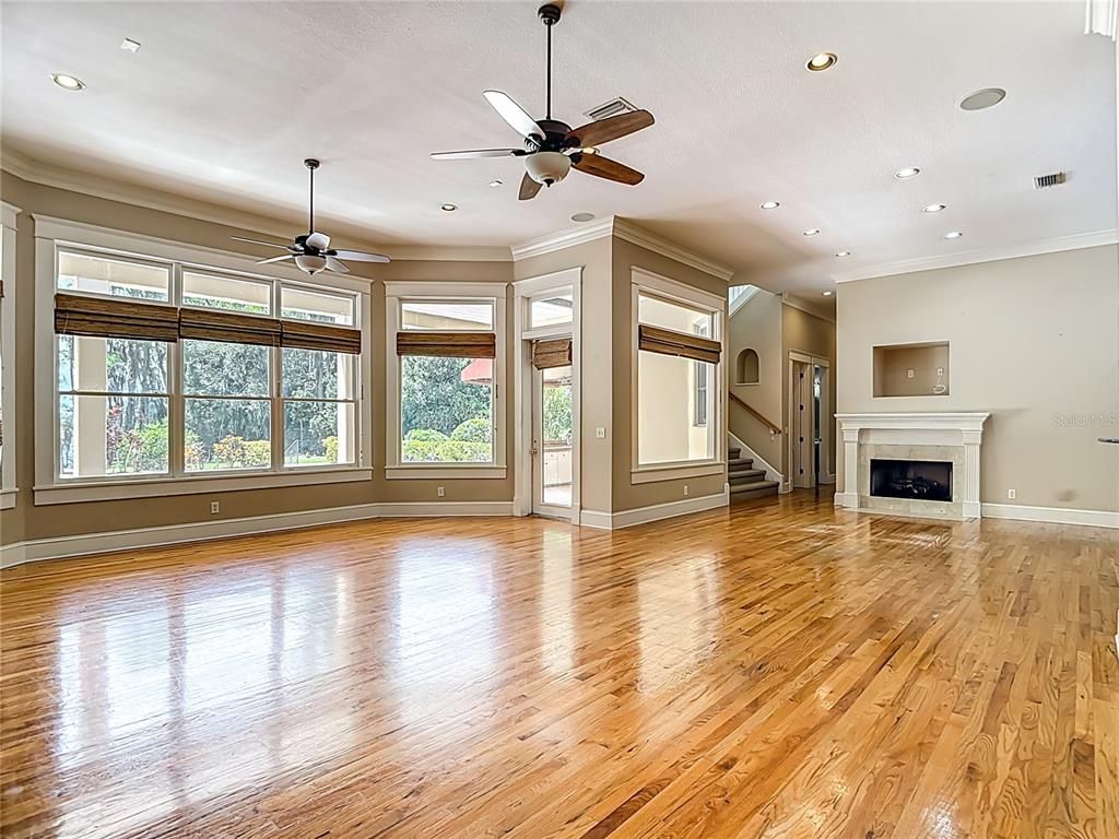 Empty room, Fireplace, Interior, Recessed Lighting, Wood Texture Flooring